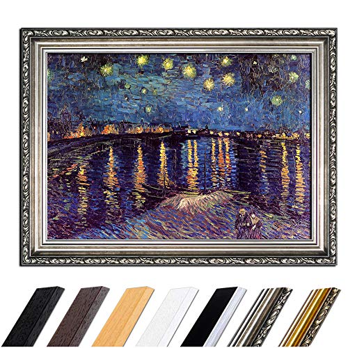 Bild mit Rahmen - Vincent van Gogh Sternennacht über der Rhône 50x40 cm - Gerahmtes Leinwandbild Alte Meister - Antiker Rahmen Silber Barock, Klassisch von Bilderdepot24