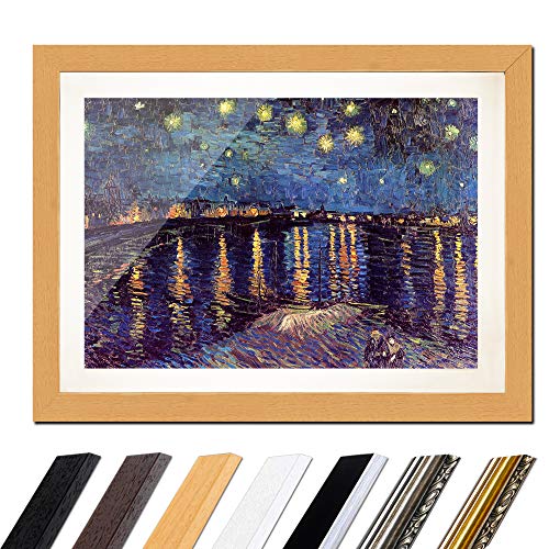 Bild mit Rahmen - Vincent van Gogh Sternennacht über der Rhône 60x40 cm ca. A2 - Gerahmter Kunstdruck inkl. Galerie Passepartout Alte Meister - Rahmen buche von Bilderdepot24