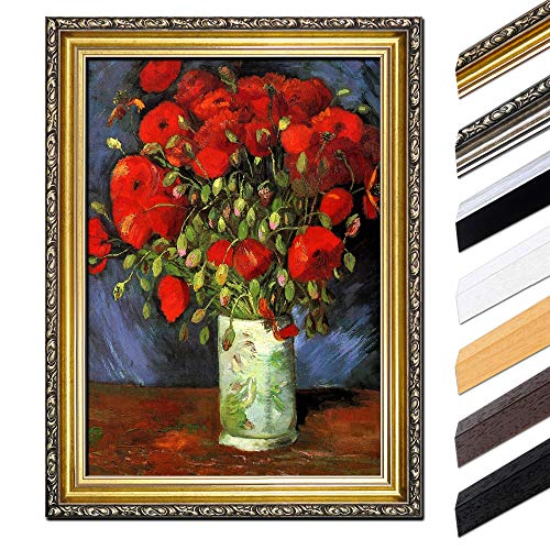 Bild mit Rahmen - Vincent van Gogh Vase mit roten Mohnblumen 60x80 cm - Gerahmtes Leinwandbild Alte Meister - Antiker Rahmen Gold Barock, Klassisch von Bilderdepot24