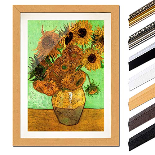 Bild mit Rahmen - Vincent van Gogh Zwölf Sonnenblumen 20x30 cm ca. A4 - Gerahmter Kunstdruck inkl. Galerie Passepartout Alte Meister - Rahmen buche von Bilderdepot24