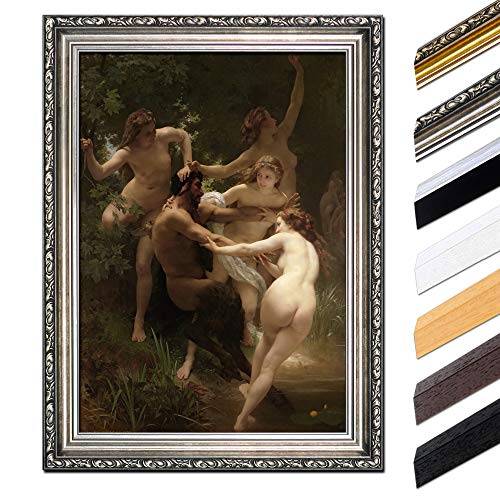 Bild mit Rahmen - William-Adolphe Bouguereau Nymphen und Satyr 40x50 cm - Gerahmtes Leinwandbild Alte Meister - Antiker Rahmen Silber Barock, Klassisch von Bilderdepot24