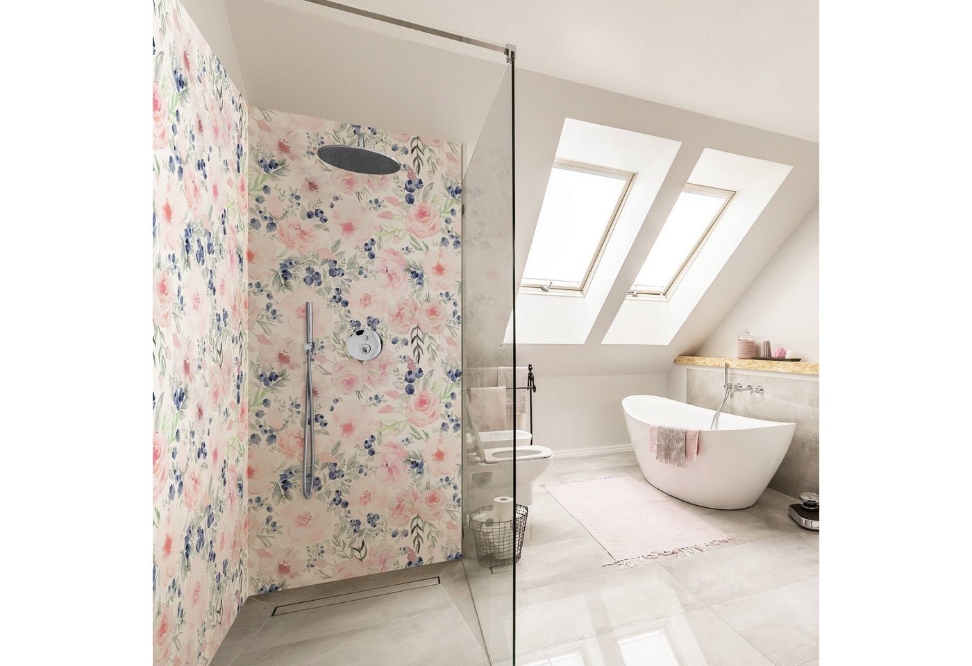 Bilderdepot24 Badrückwand Aquarell rosa Duschrückwand ohne Bohren Dusche Muster, (2-tlg., Hart-Folie Premium matt 0,61 mm), fugenlose & wasserfeste Motiv Rückwand Wandverkleidung für Duschkabine von Bilderdepot24