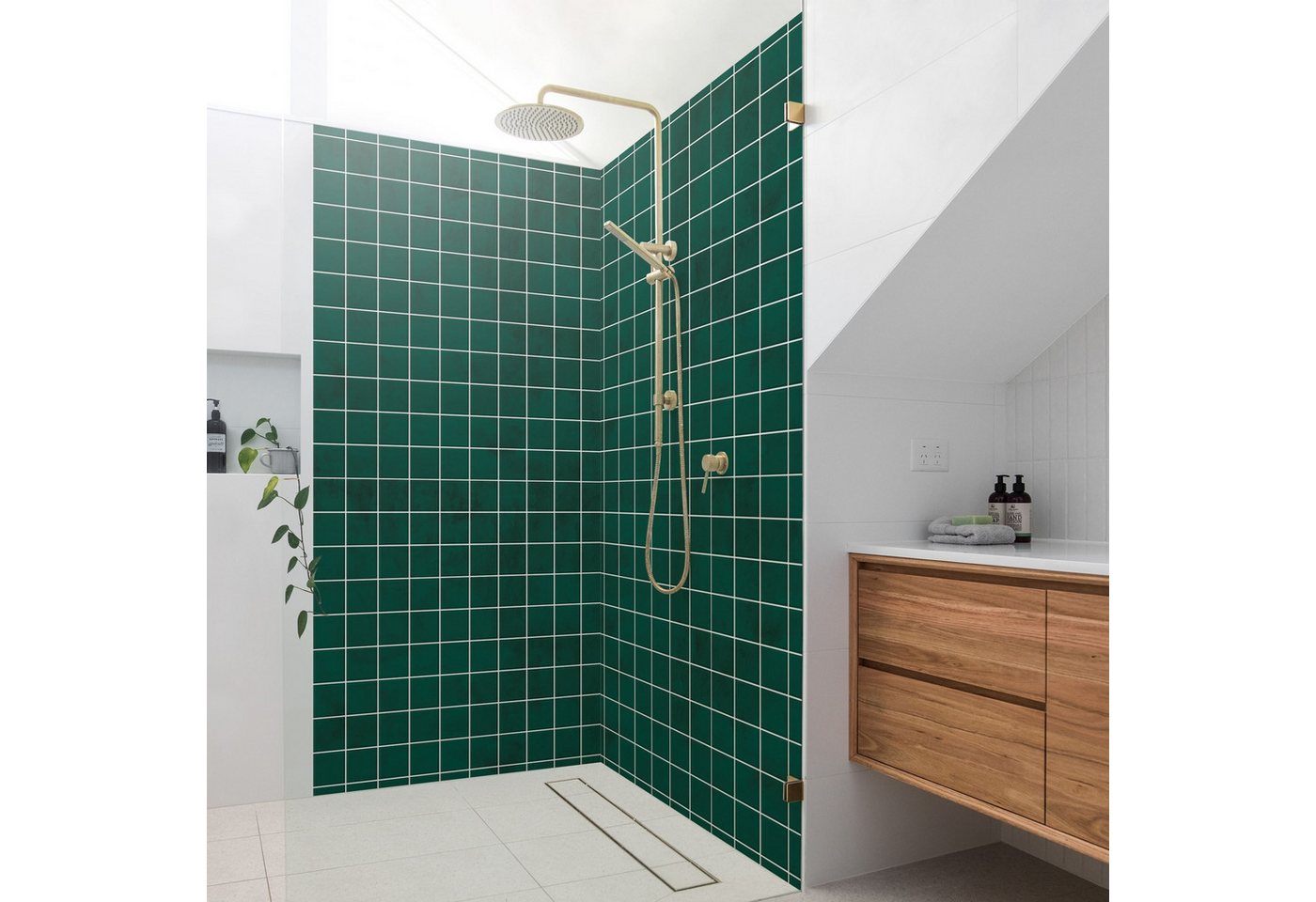 Bilderdepot24 Badrückwand Betonoptik grün Badrückwand ohne Bohren Fliesenoptik, (2-tlg., Hart-Folie Smart matt 0,35 mm), fugenlose & wasserfeste Motiv Rückwand Wandverkleidung für Duschkabine von Bilderdepot24