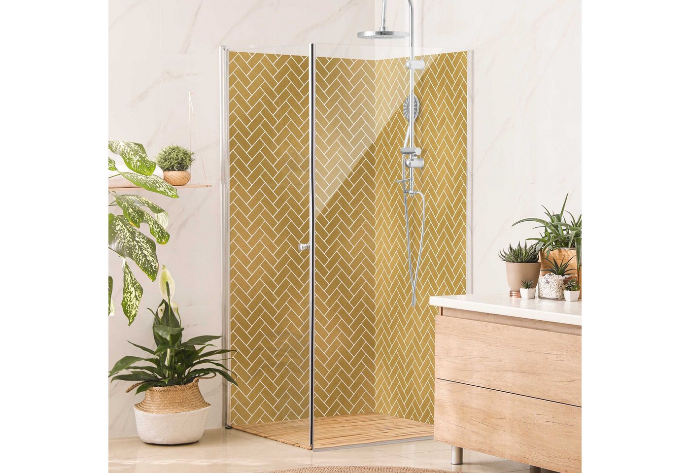 Bilderdepot24 Badrückwand Fischgräten gold Badrückwand ohne Bohren Fliesenoptik, (2-tlg., Hart-Folie Smart matt 0,35 mm), fugenlose & wasserfeste Motiv Rückwand Wandverkleidung für Duschkabine von Bilderdepot24