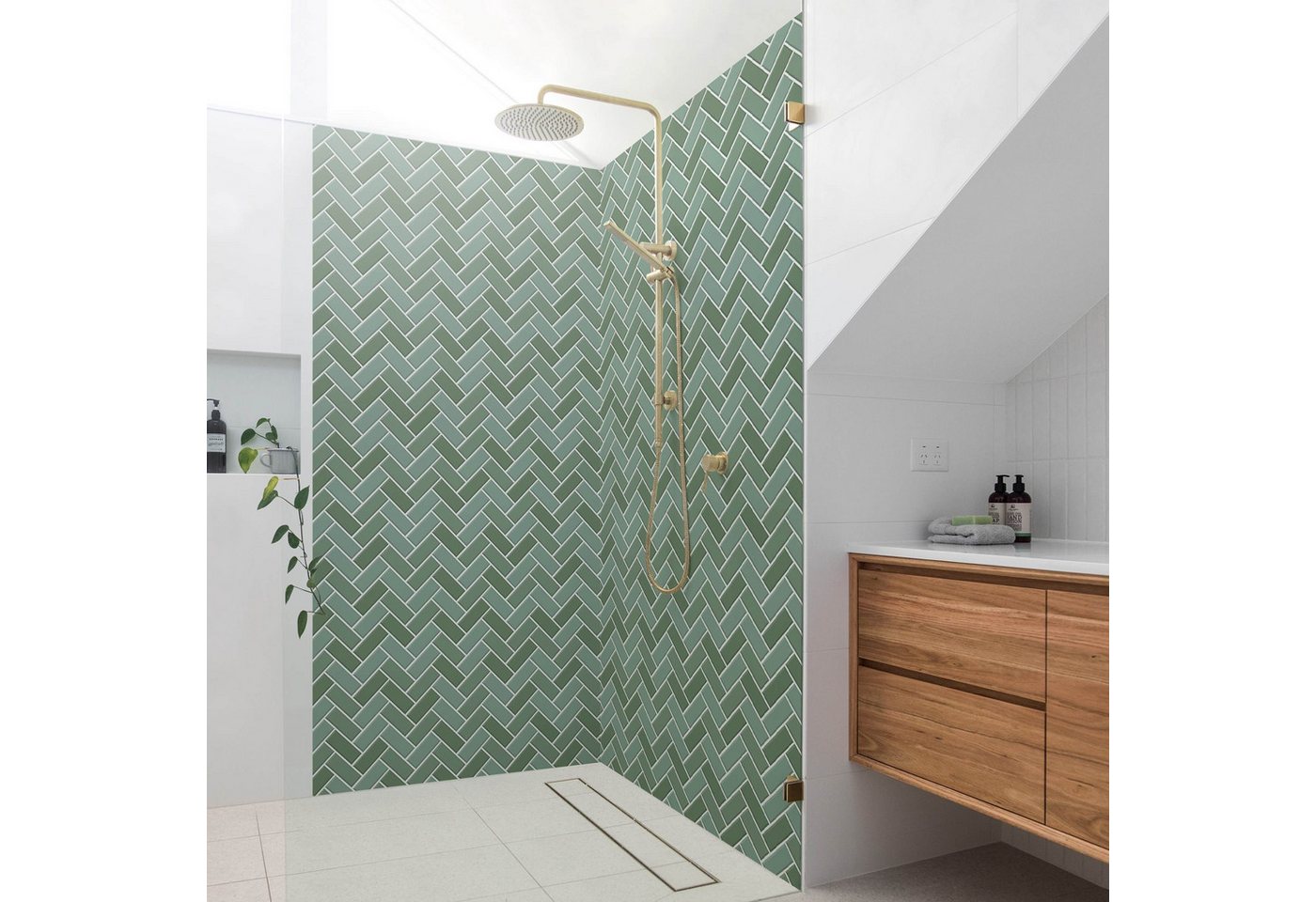 Bilderdepot24 Badrückwand Fischgräten grün Badrückwand ohne Bohren Fliesenoptik, (2-tlg., Hart-Folie Smart matt 0,35 mm), fugenlose & wasserfeste Motiv Rückwand Wandverkleidung für Duschkabine von Bilderdepot24