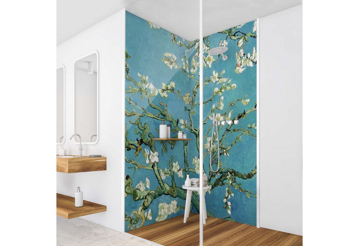 Bilderdepot24 Badrückwand Fliesen Motiv blau Badrückwand ohne Bohren Dusche Kunst, (2-tlg., Hart-Folie Premium matt 0,61 mm), fugenlose & wasserfeste Motiv Rückwand Wandverkleidung für Duschkabine von Bilderdepot24