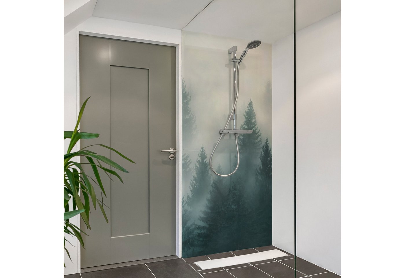 Bilderdepot24 Badrückwand Fliesen Wald beige Badrückwand ohne Bohren Dusche Natur, (1-tlg., Hart-Folie Premium matt 0,61 mm), fugenlose & wasserfeste Motiv Rückwand Wandverkleidung für Duschkabine von Bilderdepot24