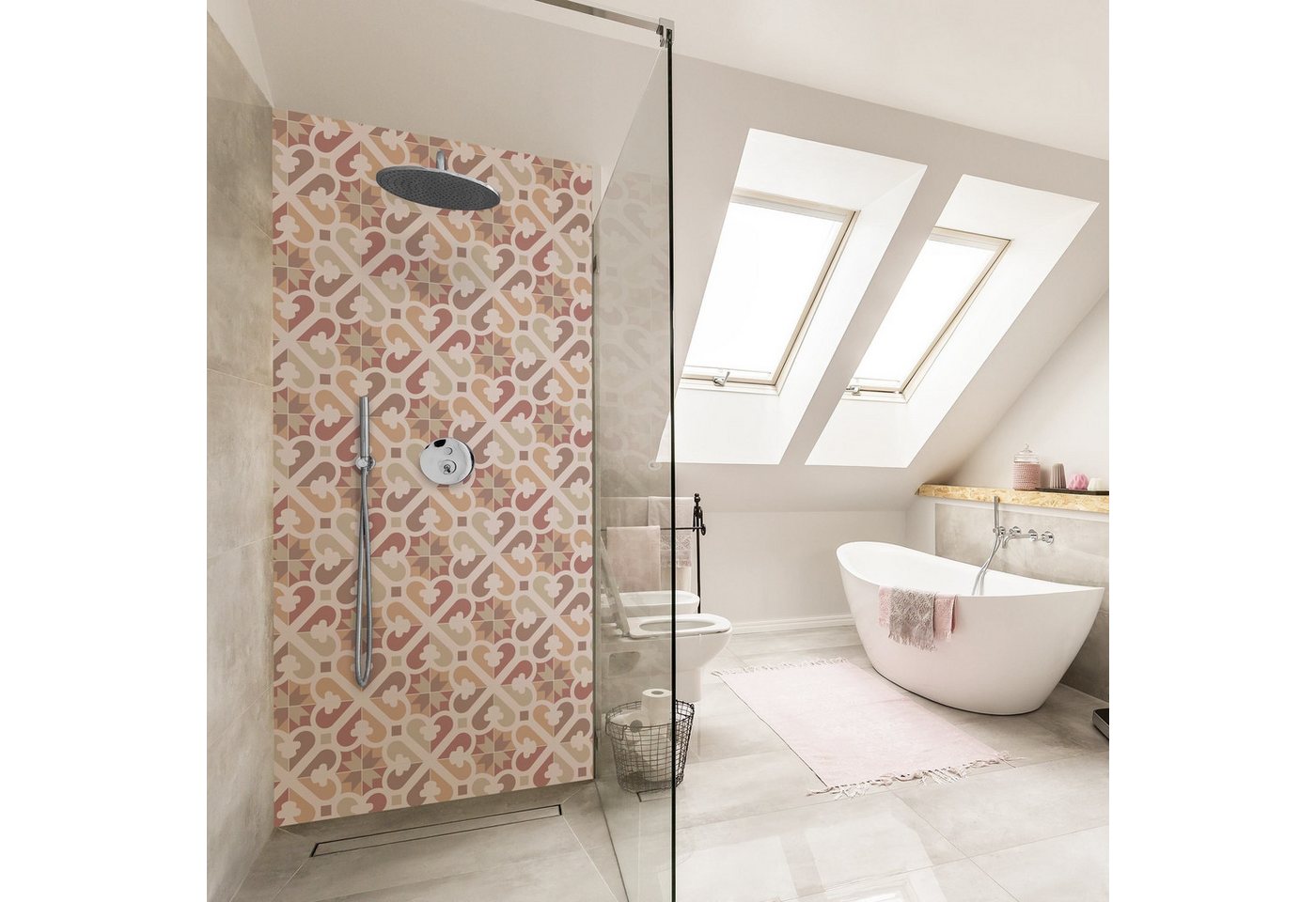 Bilderdepot24 Badrückwand Fliesenoptik beige Badrückwand ohne Bohren Abstrakt, (1-tlg., Hart-Folie Smart matt 0,35 mm), fugenlose & wasserfeste Motiv Rückwand Wandverkleidung für Duschkabine von Bilderdepot24