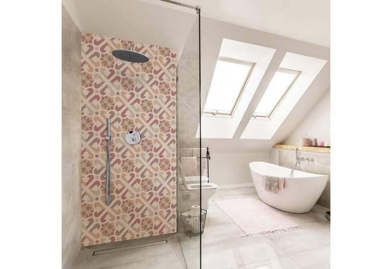 Bilderdepot24 Badrückwand Fliesenoptik beige Badrückwand ohne Bohren Abstrakt, (1-tlg., Hart-Folie Smart matt 0,35 mm), fugenlose & wasserfeste Motiv Rückwand Wandverkleidung für Duschkabine von Bilderdepot24