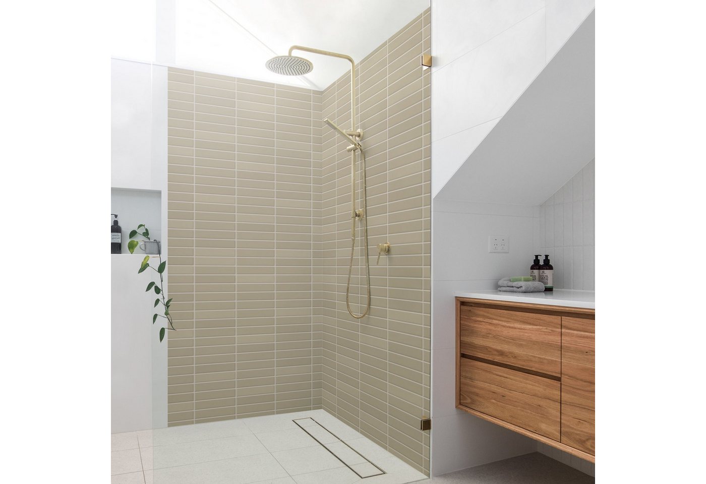 Bilderdepot24 Badrückwand Fliesenoptik beige Badrückwand ohne Bohren einfarbig, (2-tlg., Hart-Folie Premium matt 0,61 mm), fugenlose & wasserfeste Motiv Rückwand Wandverkleidung für Duschkabine von Bilderdepot24