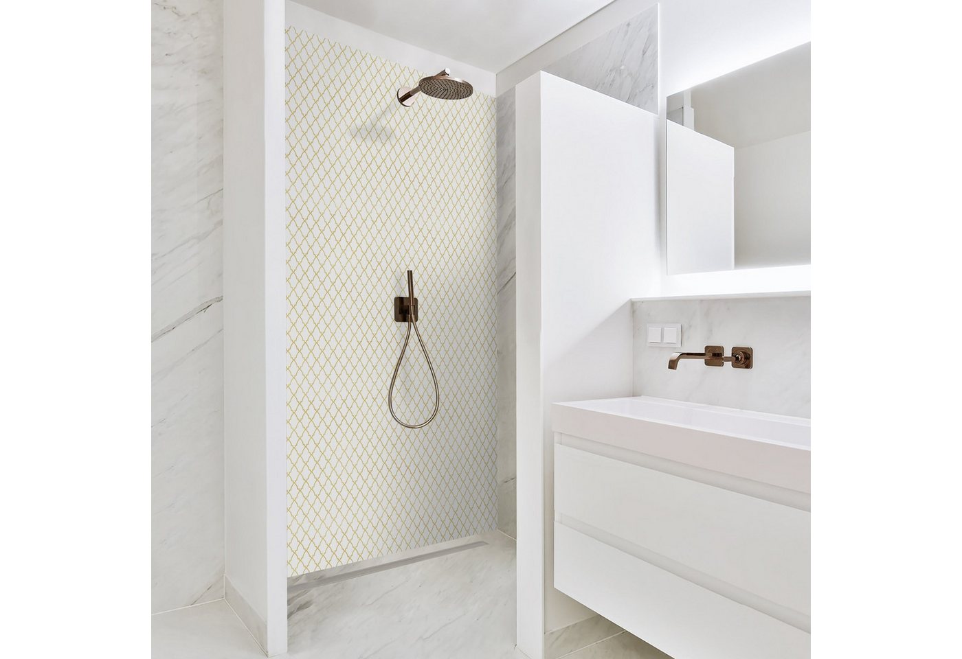 Bilderdepot24 Badrückwand Fliesenoptik beige Duschrückwand ohne Bohren Dusche, (1-tlg., Hart-Folie Smart matt 0,35 mm), fugenlose & wasserfeste Motiv Rückwand Wandverkleidung für Duschkabine von Bilderdepot24