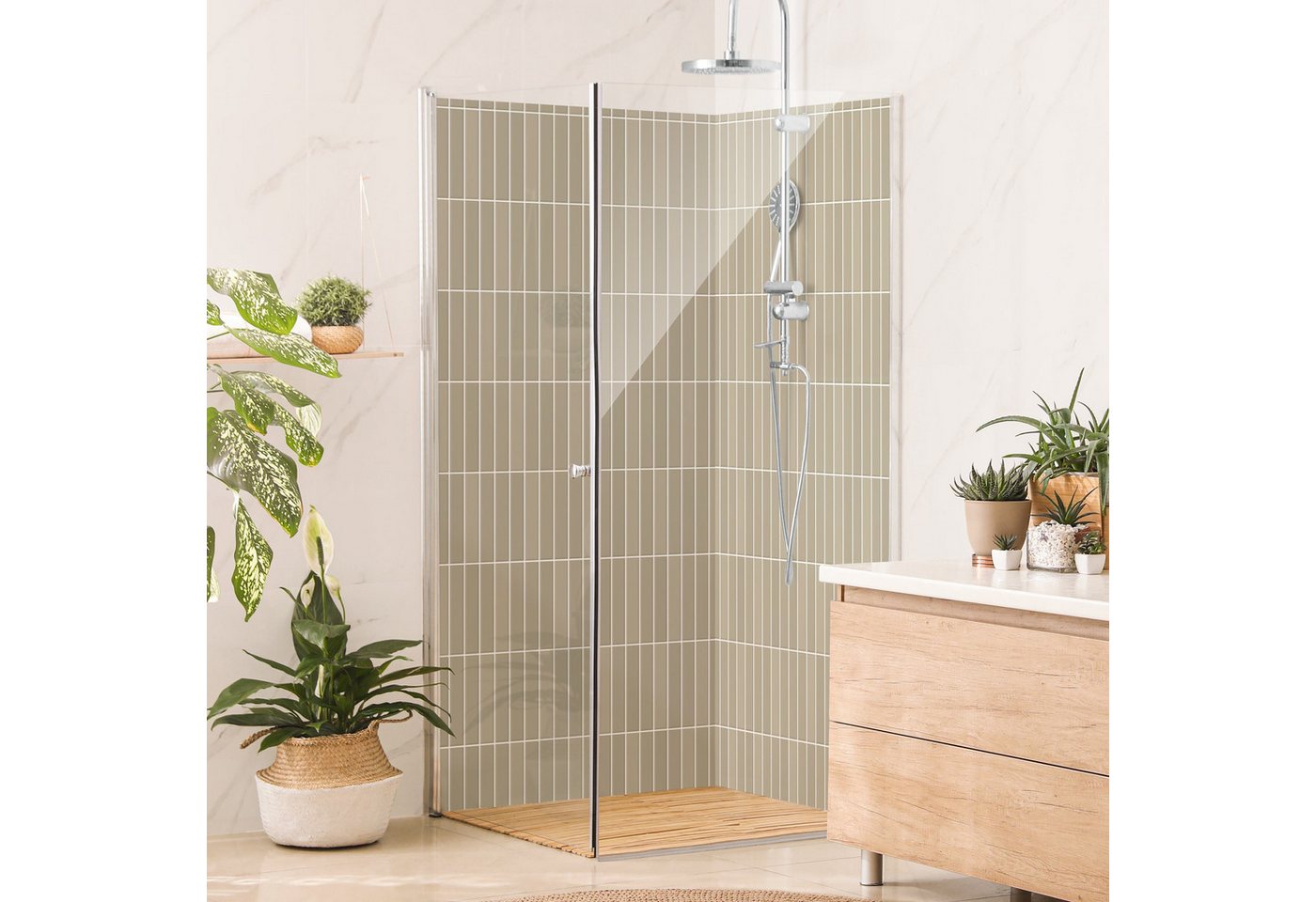 Bilderdepot24 Badrückwand Fliesenoptik beige Duschrückwand ohne Bohren Dusche, (2-tlg., Hart-Folie Premium matt 0,61 mm), fugenlose & wasserfeste Motiv Rückwand Wandverkleidung für Duschkabine von Bilderdepot24