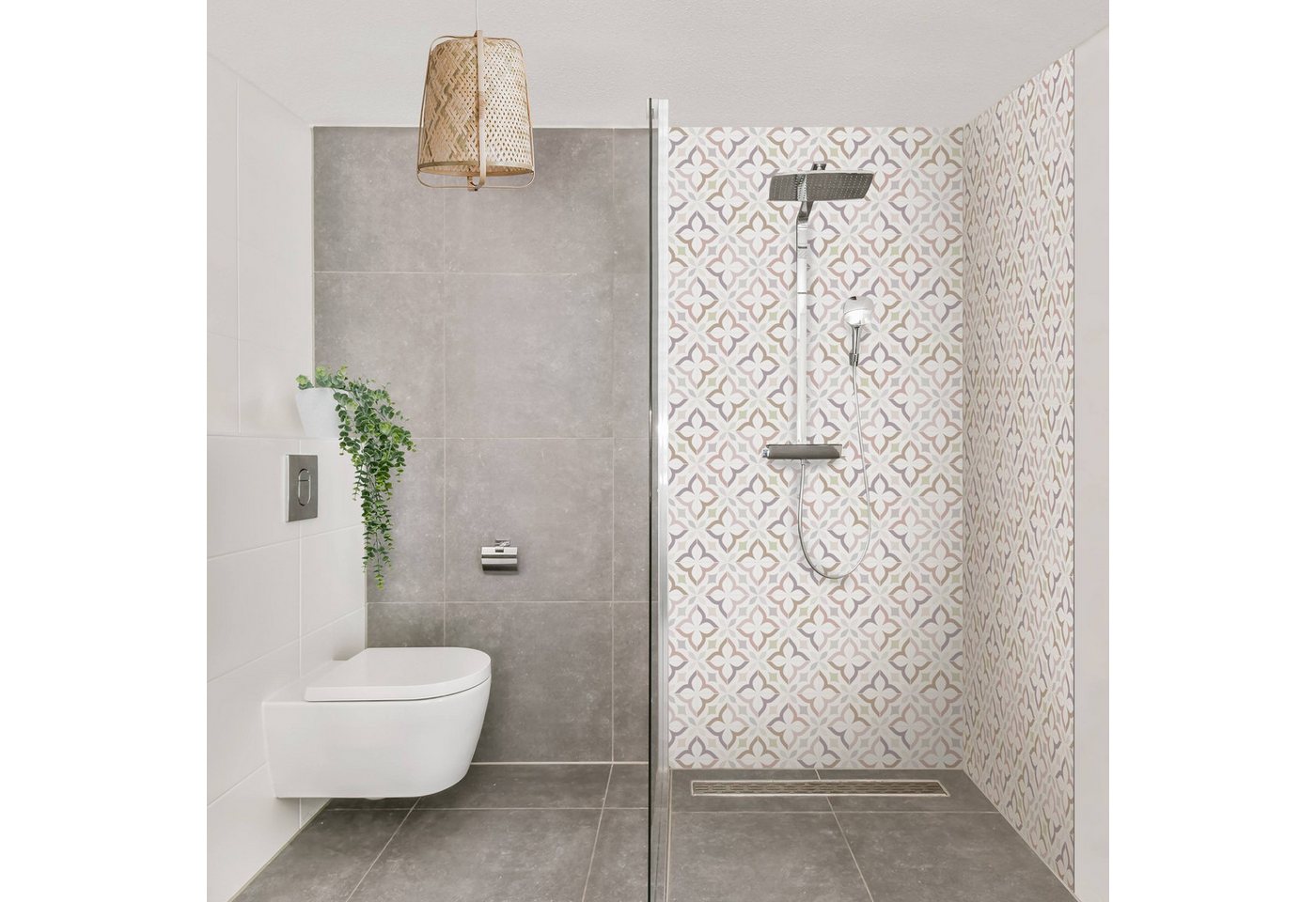 Bilderdepot24 Badrückwand Fliesenoptik beige Duschrückwand ohne Bohren Dusche, (2-tlg., Hart-Folie Smart matt 0,35 mm), fugenlose & wasserfeste Motiv Rückwand Wandverkleidung für Duschkabine von Bilderdepot24