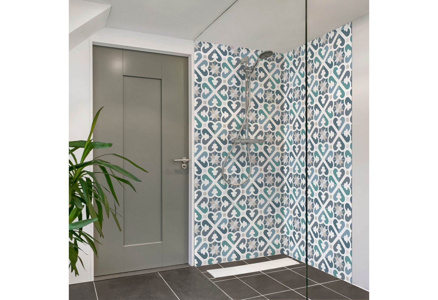 Bilderdepot24 Badrückwand Fliesenoptik blau Badrückwand ohne Bohren Abstrakt, (2-tlg., Hart-Folie Smart matt 0,35 mm), fugenlose & wasserfeste Motiv Rückwand Wandverkleidung für Duschkabine von Bilderdepot24