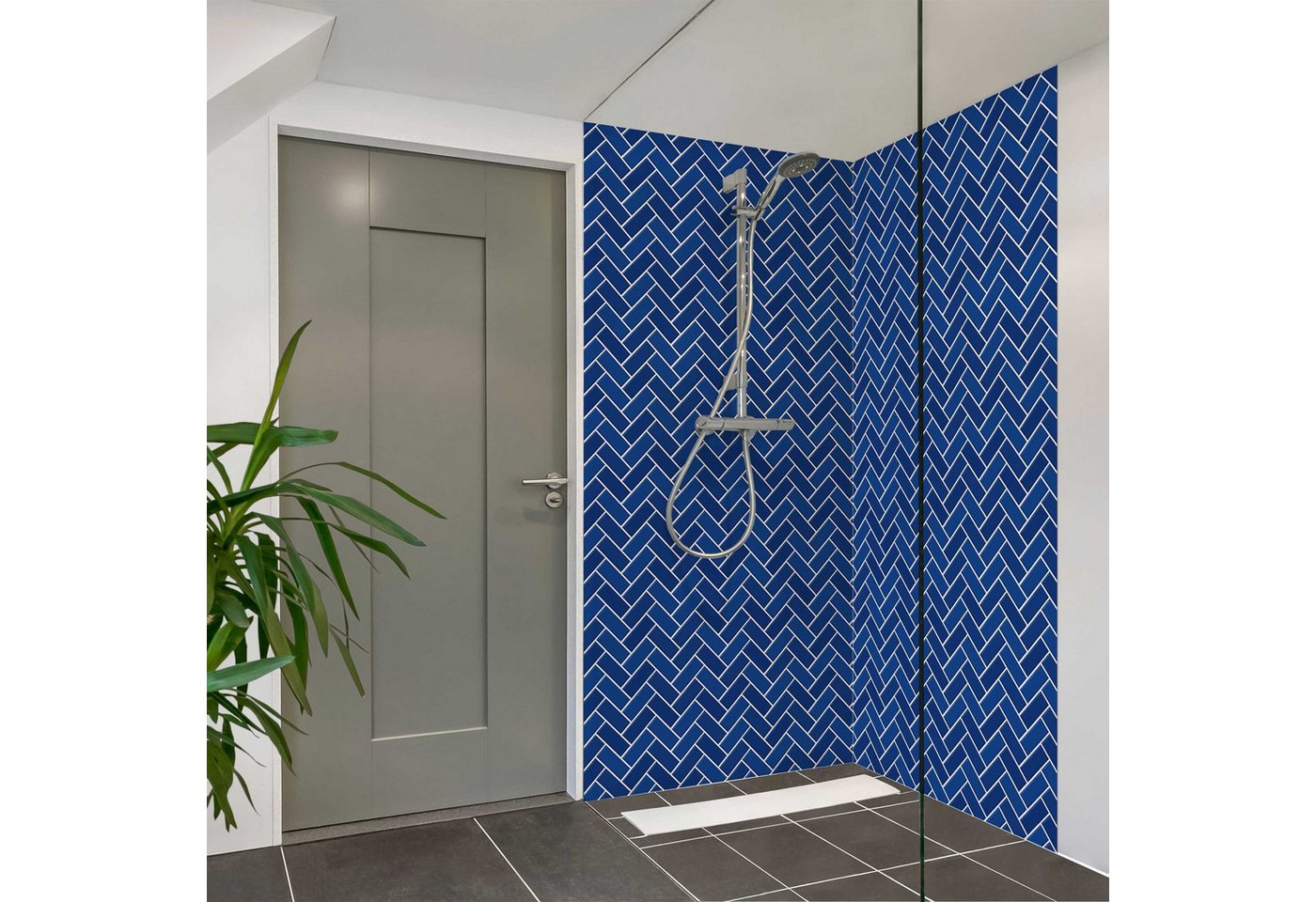 Bilderdepot24 Badrückwand Fliesenoptik blau Duschrückwand ohne Bohren Dusche, (2-tlg., Hart-Folie Premium matt 0,61 mm), fugenlose & wasserfeste Motiv Rückwand Wandverkleidung für Duschkabine von Bilderdepot24
