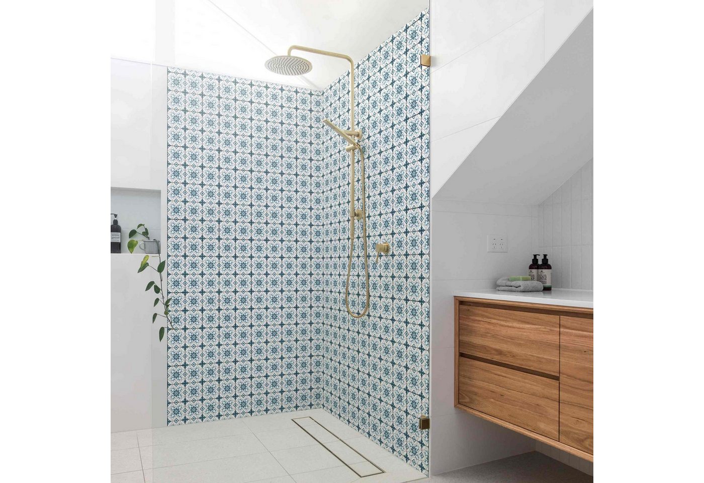 Bilderdepot24 Badrückwand Fliesenoptik blau Duschrückwand ohne Bohren Dusche, (2-tlg., Hart-Folie Premium matt 0,61 mm), fugenlose & wasserfeste Motiv Rückwand Wandverkleidung für Duschkabine von Bilderdepot24