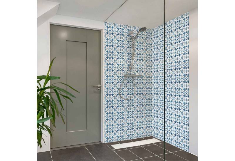 Bilderdepot24 Badrückwand Fliesenoptik blau Duschrückwand ohne Bohren Dusche, (2-tlg., Hart-Folie Smart matt 0,35 mm), fugenlose & wasserfeste Motiv Rückwand Wandverkleidung für Duschkabine von Bilderdepot24