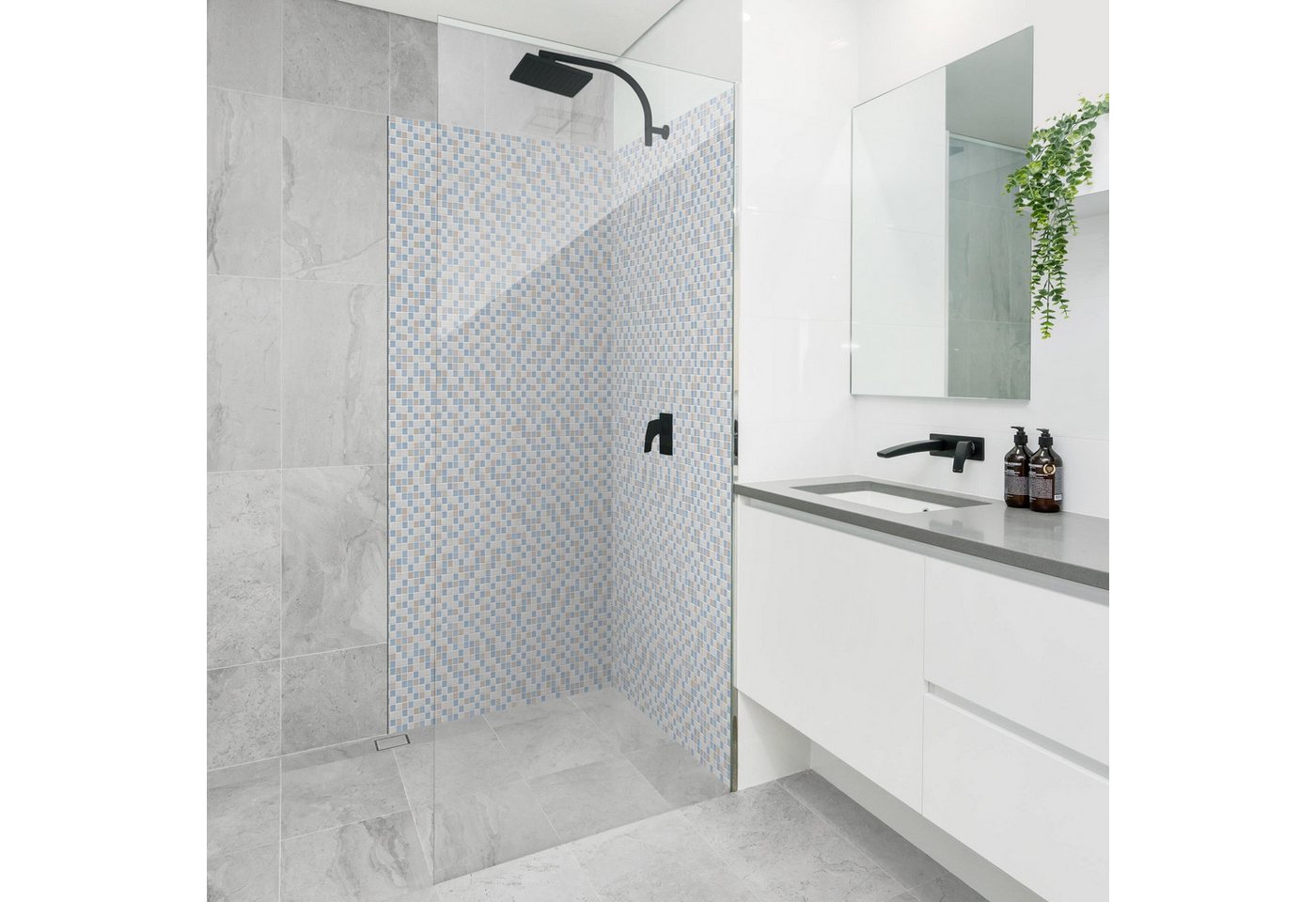 Bilderdepot24 Badrückwand Fliesenoptik blau Duschrückwand ohne Bohren Dusche, (2-tlg., Hart-Folie Smart matt 0,35 mm), fugenlose & wasserfeste Motiv Rückwand Wandverkleidung für Duschkabine von Bilderdepot24