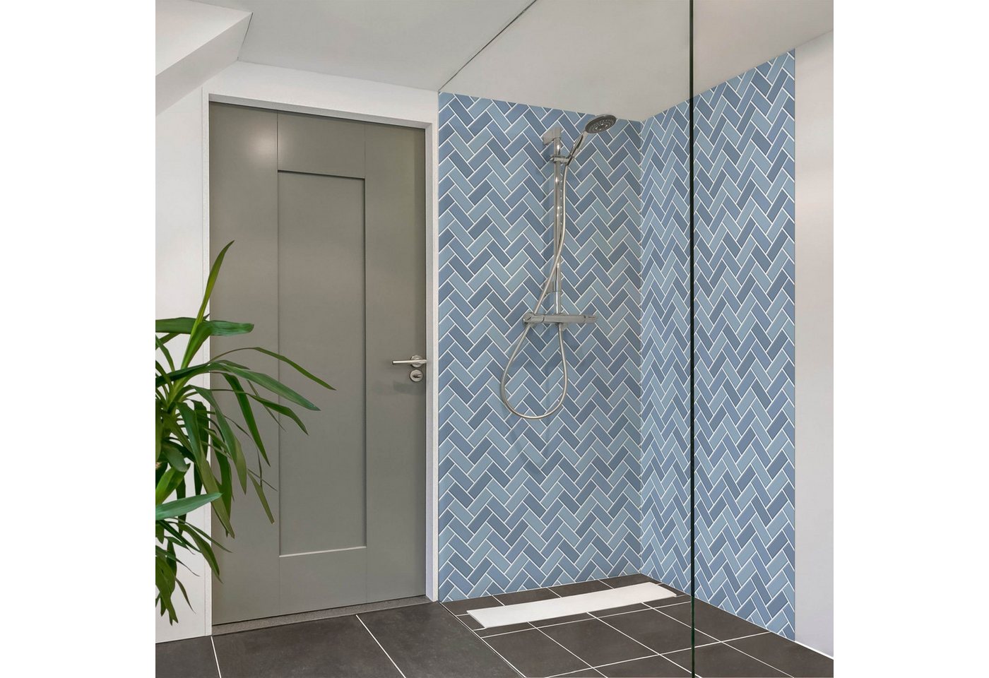 Bilderdepot24 Badrückwand Fliesenoptik blau Duschrückwand ohne Bohren Dusche, (2-tlg., Hart-Folie Smart matt 0,35 mm), fugenlose & wasserfeste Motiv Rückwand Wandverkleidung für Duschkabine von Bilderdepot24