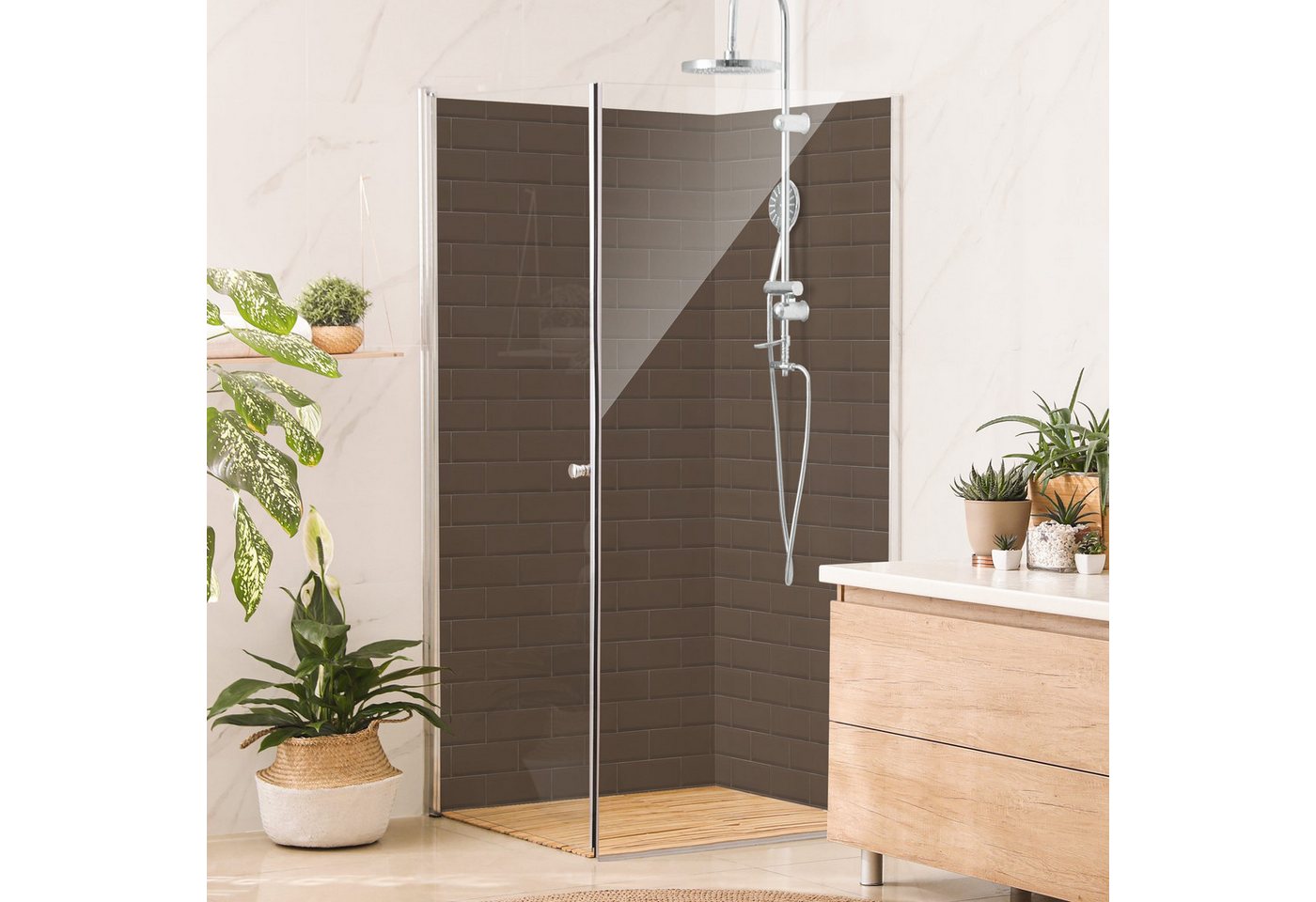 Bilderdepot24 Badrückwand Fliesenoptik braun Duschrückwand ohne Bohren Dusche, (2-tlg., Hart-Folie Premium matt 0,61 mm), fugenlose & wasserfeste Motiv Rückwand Wandverkleidung für Duschkabine von Bilderdepot24