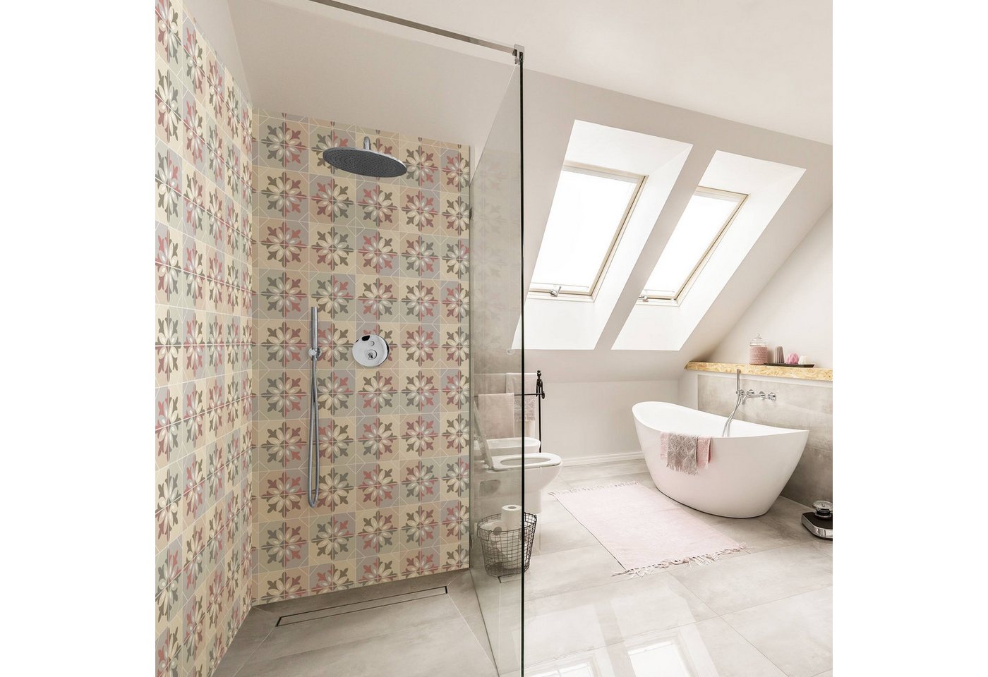 Bilderdepot24 Badrückwand Fliesenoptik bunt Duschrückwand ohne Bohren Dusche, (2-tlg., Hart-Folie Smart matt 0,35 mm), fugenlose & wasserfeste Motiv Rückwand Wandverkleidung für Duschkabine von Bilderdepot24