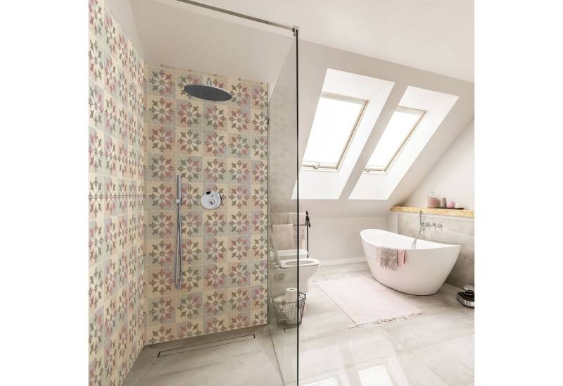 Bilderdepot24 Badrückwand Fliesenoptik bunt Duschrückwand ohne Bohren Dusche, (2-tlg., Hart-Folie Smart matt 0,35 mm), fugenlose & wasserfeste Motiv Rückwand Wandverkleidung für Duschkabine von Bilderdepot24