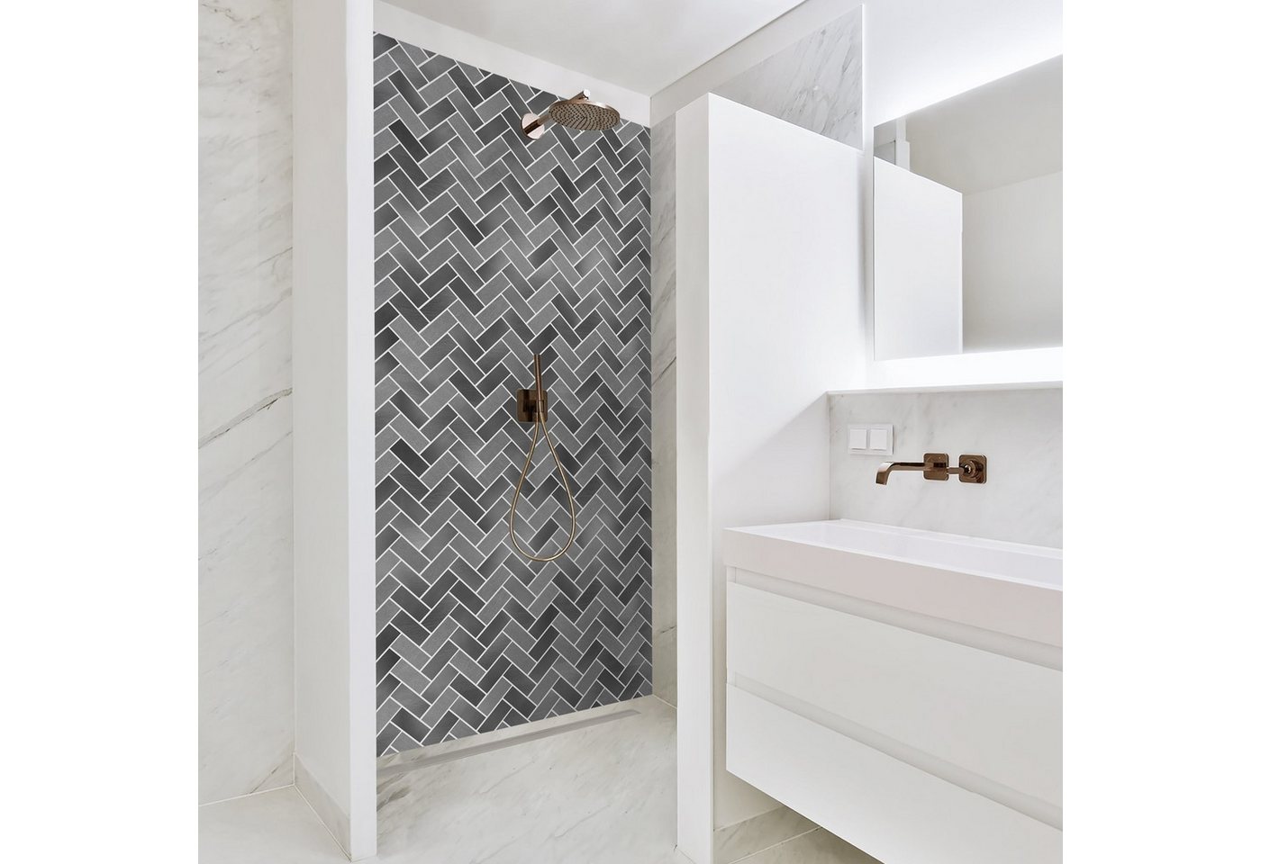 Bilderdepot24 Badrückwand Fliesenoptik grau Duschrückwand ohne Bohren Dusche, (1-tlg., Hart-Folie Smart matt 0,35 mm), fugenlose & wasserfeste Motiv Rückwand Wandverkleidung für Duschkabine von Bilderdepot24