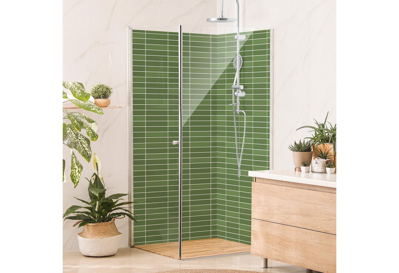 Bilderdepot24 Badrückwand Fliesenoptik grün Duschrückwand ohne Bohren Dusche, (2-tlg., Hart-Folie Smart matt 0,35 mm), fugenlose & wasserfeste Motiv Rückwand Wandverkleidung für Duschkabine von Bilderdepot24