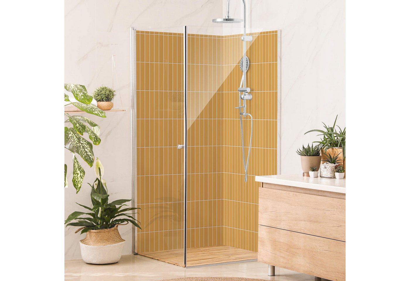 Bilderdepot24 Badrückwand Fliesenoptik orange Duschrückwand ohne Bohren Dusche, (2-tlg., Hart-Folie Premium matt 0,61 mm), fugenlose & wasserfeste Motiv Rückwand Wandverkleidung für Duschkabine von Bilderdepot24