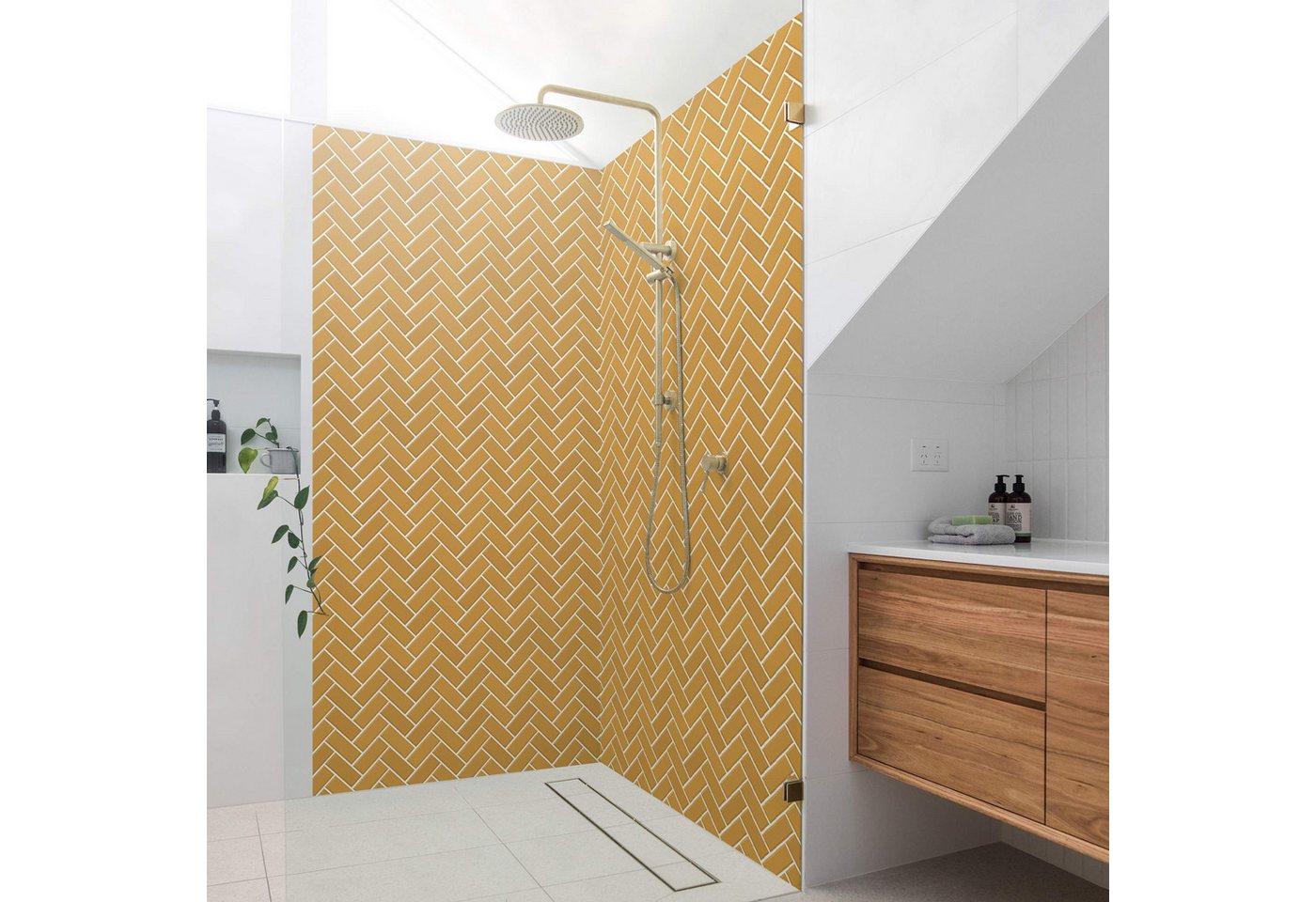 Bilderdepot24 Badrückwand Fliesenoptik orange Duschrückwand ohne Bohren Dusche, (2-tlg., Hart-Folie Smart matt 0,35 mm), fugenlose & wasserfeste Motiv Rückwand Wandverkleidung für Duschkabine von Bilderdepot24