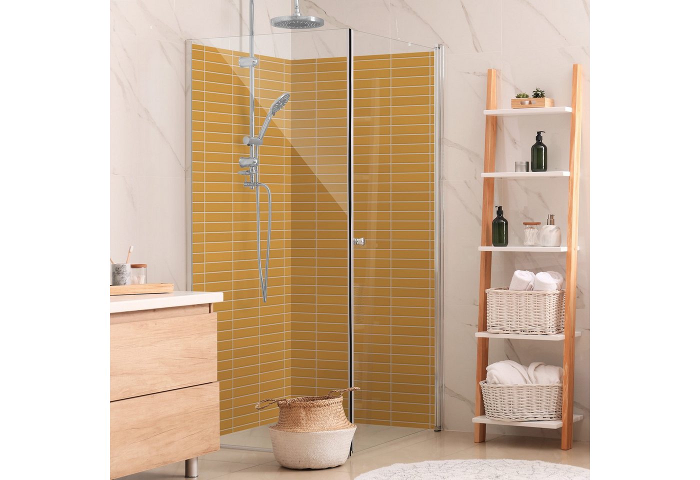 Bilderdepot24 Badrückwand Fliesenoptik orange Duschrückwand ohne Bohren Dusche, (2-tlg., Hart-Folie Smart matt 0,35 mm), fugenlose & wasserfeste Motiv Rückwand Wandverkleidung für Duschkabine von Bilderdepot24