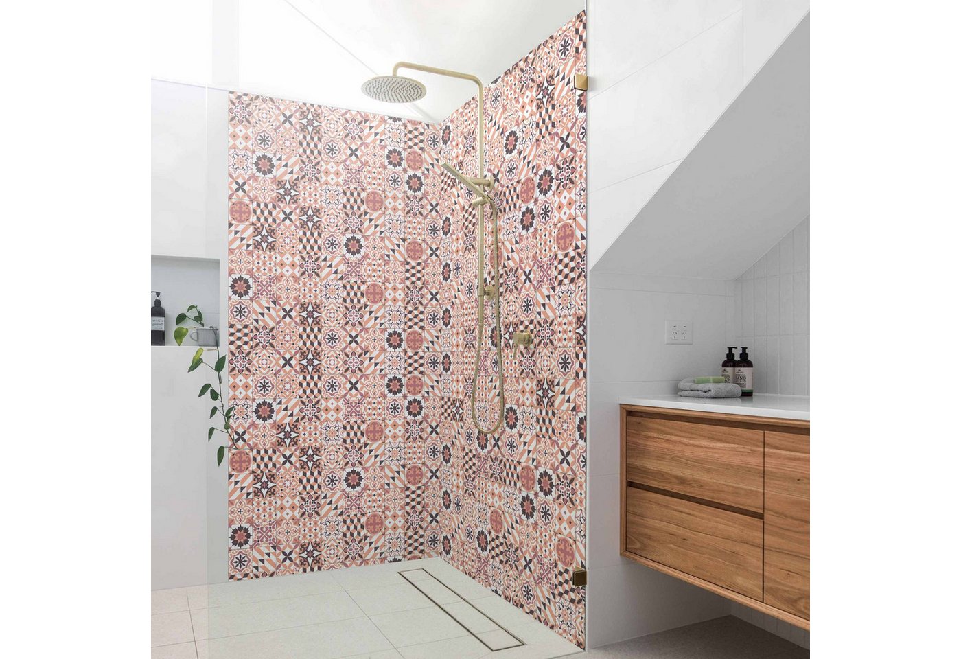 Bilderdepot24 Badrückwand Fliesenoptik orange Duschrückwand ohne Bohren Dusche, (2-tlg., Hart-Folie Smart matt 0,35 mm), fugenlose & wasserfeste Motiv Rückwand Wandverkleidung für Duschkabine von Bilderdepot24