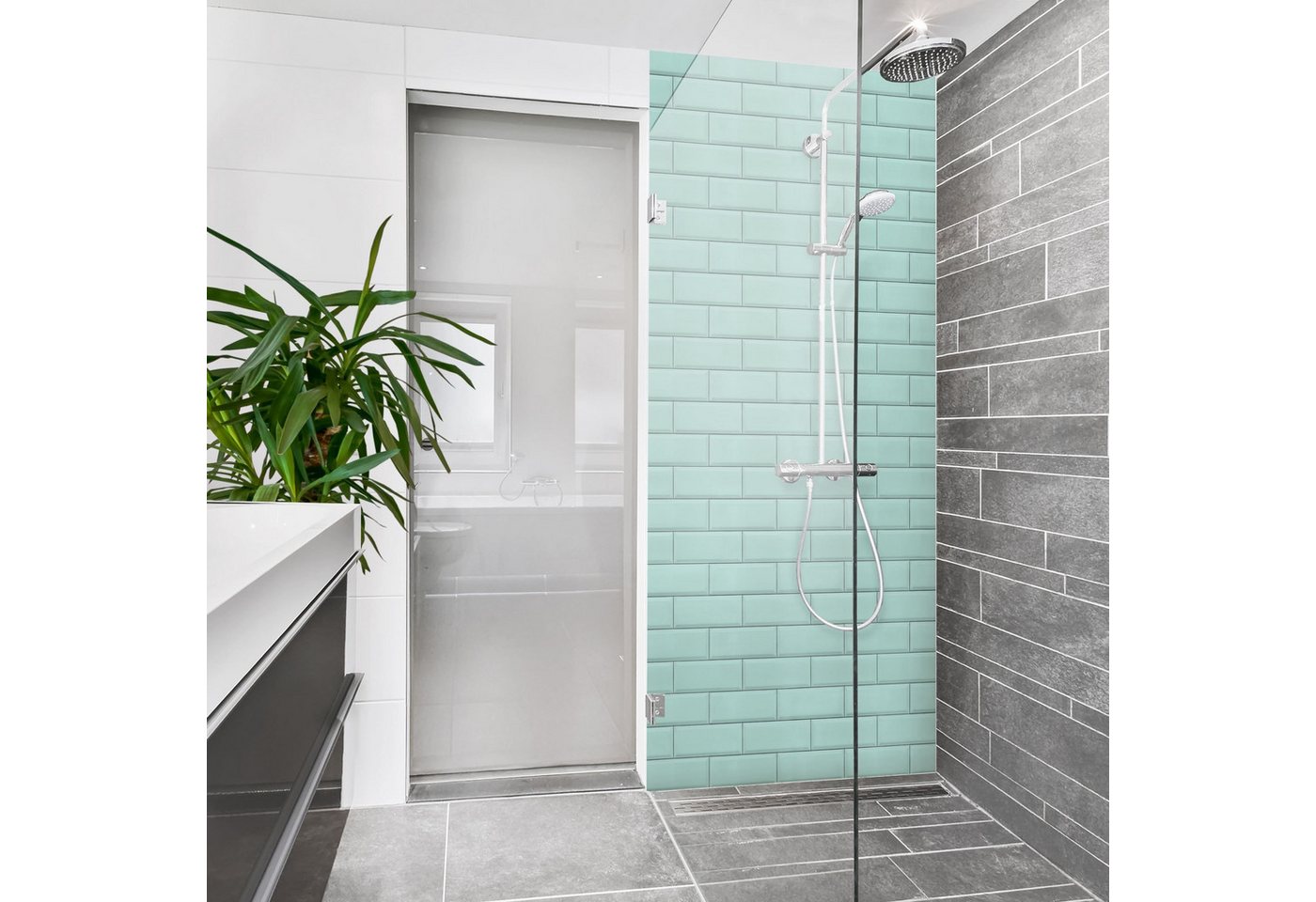 Bilderdepot24 Badrückwand Fliesenoptik türkis Badrückwand ohne Bohren Muster, (1-tlg., Hart-Folie Premium matt 0,61 mm), fugenlose & wasserfeste Motiv Rückwand Wandverkleidung für Duschkabine von Bilderdepot24