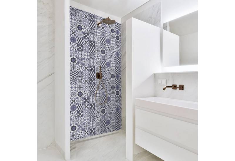 Bilderdepot24 Badrückwand Fliesenoptik violett Duschrückwand ohne Bohren Dusche, (1-tlg., Hart-Folie Premium matt 0,61 mm), fugenlose & wasserfeste Motiv Rückwand Wandverkleidung für Duschkabine von Bilderdepot24