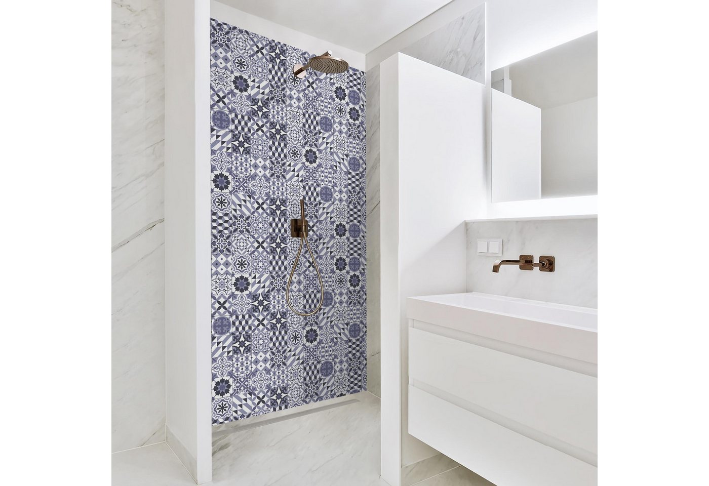 Bilderdepot24 Badrückwand Fliesenoptik violett Duschrückwand ohne Bohren Dusche, (1-tlg., Hart-Folie Smart matt 0,35 mm), fugenlose & wasserfeste Motiv Rückwand Wandverkleidung für Duschkabine von Bilderdepot24