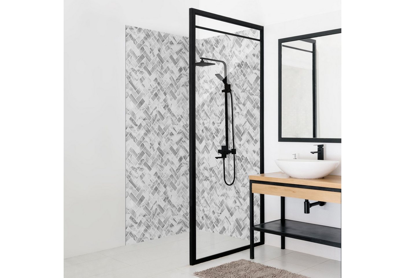 Bilderdepot24 Badrückwand Fliesenoptik weiß Duschrückwand ohne Bohren Dusche, (2-tlg., Hart-Folie Premium matt 0,61 mm), fugenlose & wasserfeste Motiv Rückwand Wandverkleidung für Duschkabine von Bilderdepot24