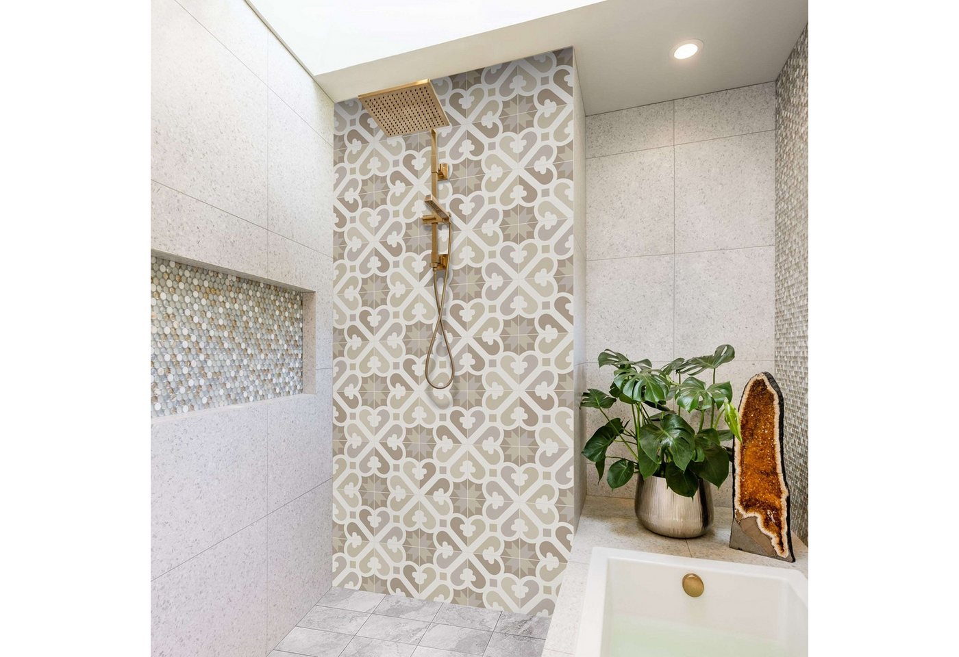 Bilderdepot24 Badrückwand Geometrische Fliesen, (1-tlg., 0,61 mm starke Folie selbstklebend Wandpaneele Dusche versch. Größen), fugenlose & wasserfeste Motiv Rückwand Wandverkleidung für Duschkabine von Bilderdepot24