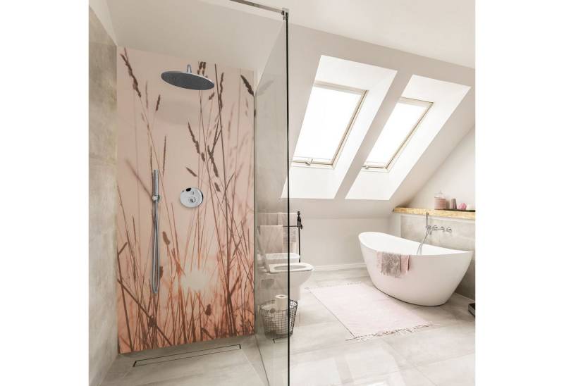 Bilderdepot24 Badrückwand Landhausstil beige Duschrückwand ohne Bohren Tropisch, (1-tlg., Hart-Folie Premium matt 0,61 mm), fugenlose & wasserfeste Motiv Rückwand Wandverkleidung für Duschkabine von Bilderdepot24