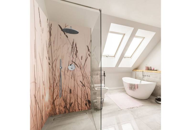 Bilderdepot24 Badrückwand Landhausstil beige Duschrückwand ohne Bohren Tropisch, (2-tlg., Hart-Folie Smart matt 0,35 mm), fugenlose & wasserfeste Motiv Rückwand Wandverkleidung für Duschkabine von Bilderdepot24