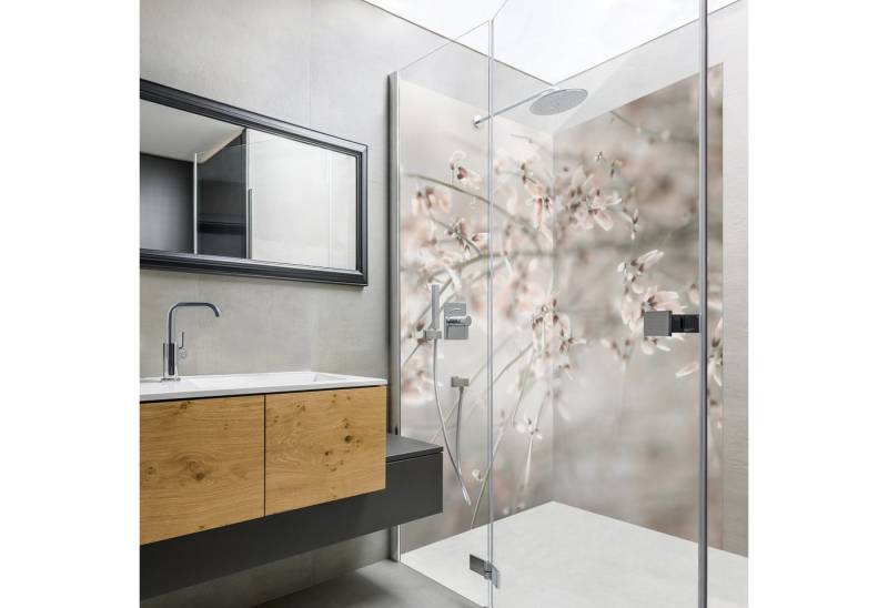 Bilderdepot24 Badrückwand Landhausstil beige Duschrückwand ohne Bohren Tropisch, (2-tlg., Hart-Folie Smart matt 0,35 mm), fugenlose & wasserfeste Motiv Rückwand Wandverkleidung für Duschkabine von Bilderdepot24