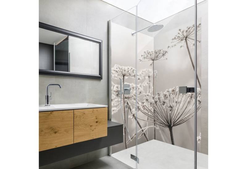 Bilderdepot24 Badrückwand Landhausstil beige Duschrückwand ohne Bohren Tropisch, (2-tlg., Hart-Folie Smart matt 0,35 mm), fugenlose & wasserfeste Motiv Rückwand Wandverkleidung für Duschkabine von Bilderdepot24