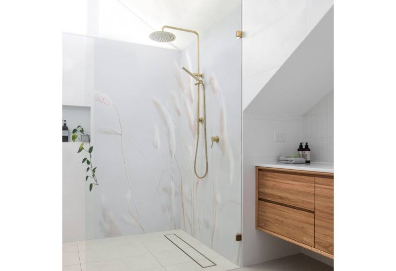 Bilderdepot24 Badrückwand Landhausstil beige Duschrückwand ohne Bohren Tropisch, (2-tlg., Hart-Folie Smart matt 0,35 mm), fugenlose & wasserfeste Motiv Rückwand Wandverkleidung für Duschkabine von Bilderdepot24