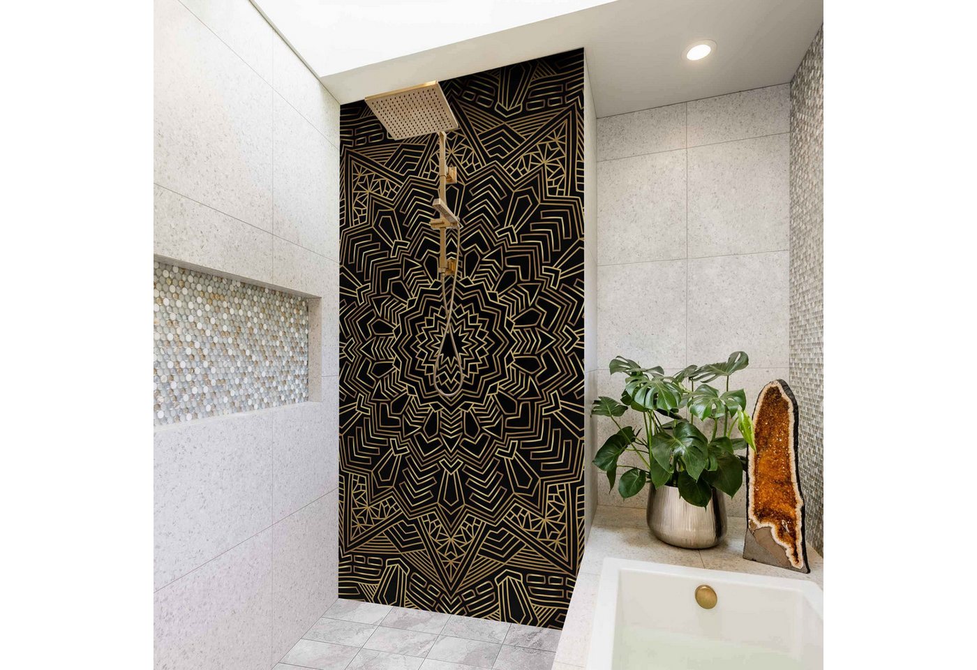 Bilderdepot24 Badrückwand Mandala gold Badrückwand ohne Bohren Illustration Muster, (1-tlg., Hart-Folie Smart matt 0,35 mm), fugenlose & wasserfeste Motiv Rückwand Wandverkleidung für Duschkabine von Bilderdepot24