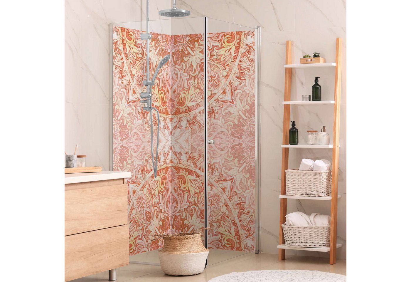 Bilderdepot24 Badrückwand Mandala orange Duschrückwand ohne Bohren Dusche Aquarell, (2-tlg., Hart-Folie Smart matt 0,35 mm), fugenlose & wasserfeste Motiv Rückwand Wandverkleidung für Duschkabine von Bilderdepot24