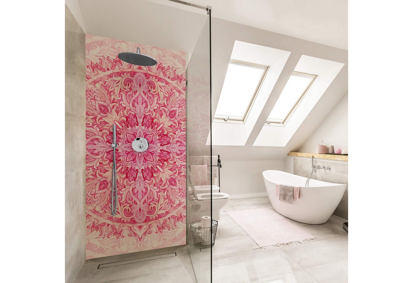 Bilderdepot24 Badrückwand Mandala pink Duschrückwand ohne Bohren Dusche Aquarell, (1-tlg., Hart-Folie Smart matt 0,35 mm), fugenlose & wasserfeste Motiv Rückwand Wandverkleidung für Duschkabine von Bilderdepot24