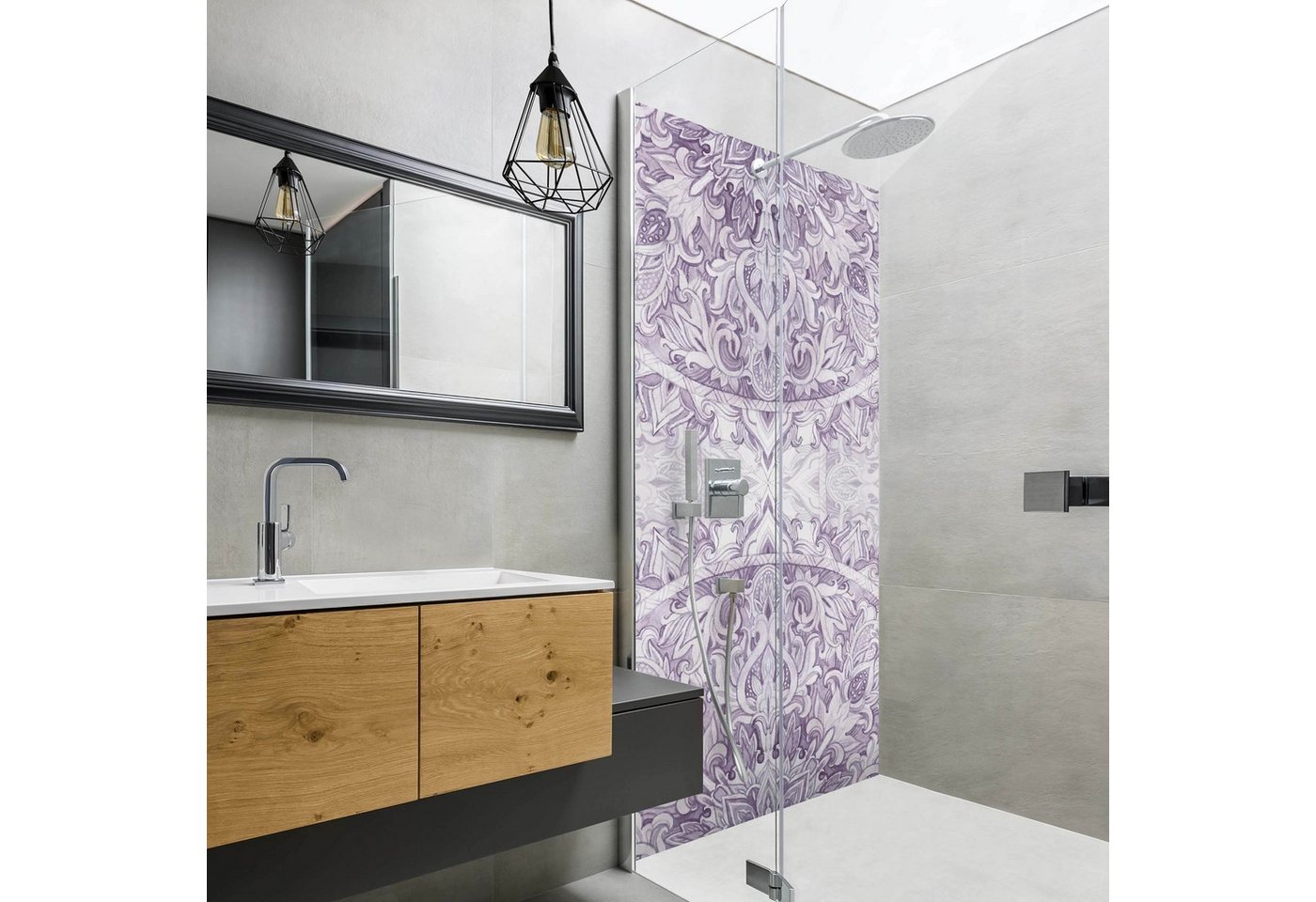 Bilderdepot24 Badrückwand Mandala violett Duschrückwand ohne Bohren Dusche Aquarell, (1-tlg., Hart-Folie Smart matt 0,35 mm), fugenlose & wasserfeste Motiv Rückwand Wandverkleidung für Duschkabine von Bilderdepot24