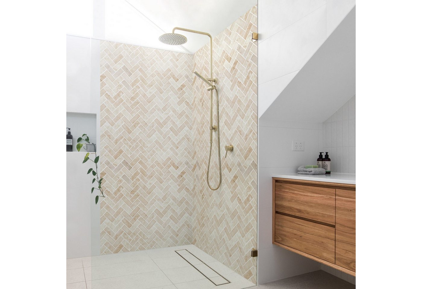 Bilderdepot24 Badrückwand Marmor Fliesenoptik beige Badrückwand ohne Bohren, (2-tlg., Hart-Folie Smart matt 0,35 mm), fugenlose & wasserfeste Motiv Rückwand Wandverkleidung für Duschkabine von Bilderdepot24