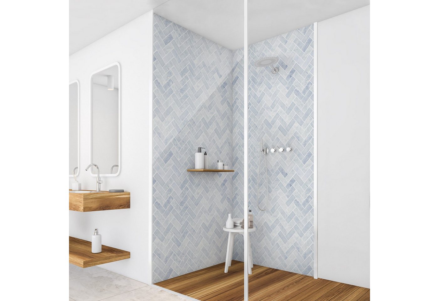Bilderdepot24 Badrückwand Marmor Fliesenoptik blau Badrückwand ohne Bohren Dusche, (2-tlg., Hart-Folie Smart matt 0,35 mm), fugenlose & wasserfeste Motiv Rückwand Wandverkleidung für Duschkabine von Bilderdepot24