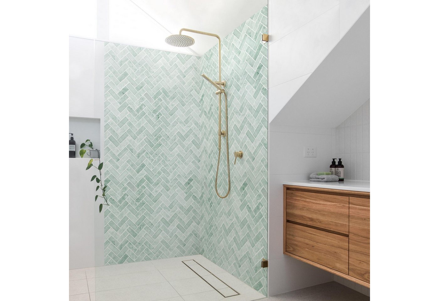 Bilderdepot24 Badrückwand Marmor Fliesenoptik grün Badrückwand ohne Bohren Dusche, (2-tlg., Hart-Folie Premium matt 0,61 mm), fugenlose & wasserfeste Motiv Rückwand Wandverkleidung für Duschkabine von Bilderdepot24