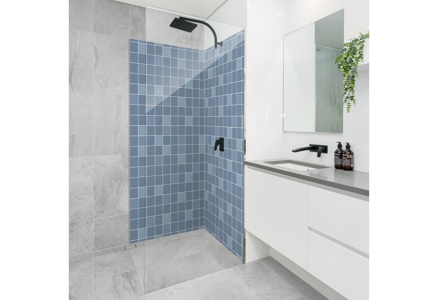 Bilderdepot24 Badrückwand Mosaik blau Badrückwand ohne Bohren Dusche Fliesenoptik, (2-tlg., Hart-Folie Premium matt 0,61 mm), fugenlose & wasserfeste Motiv Rückwand Wandverkleidung für Duschkabine von Bilderdepot24